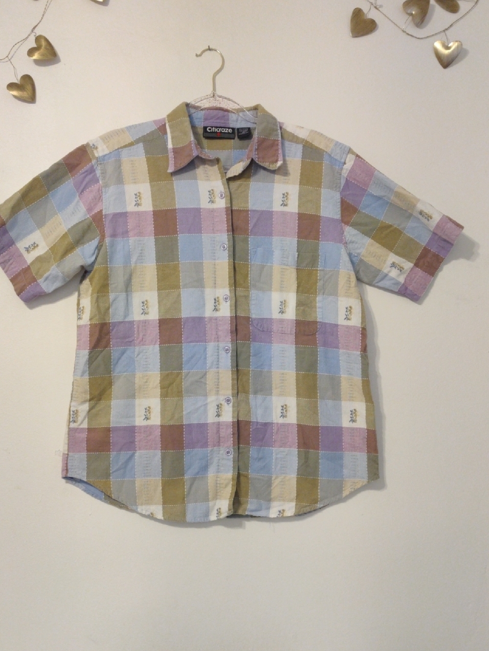 Womens Pastel Plaid Short-Sleeve Button-Down Shirt - Multicolor Pastels